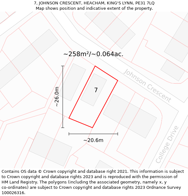 7, JOHNSON CRESCENT, HEACHAM, KING'S LYNN, PE31 7LQ: Plot and title map