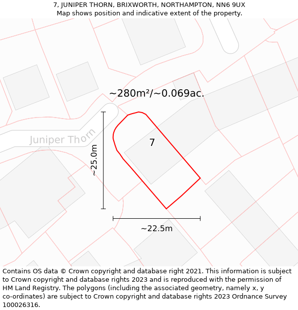 7, JUNIPER THORN, BRIXWORTH, NORTHAMPTON, NN6 9UX: Plot and title map