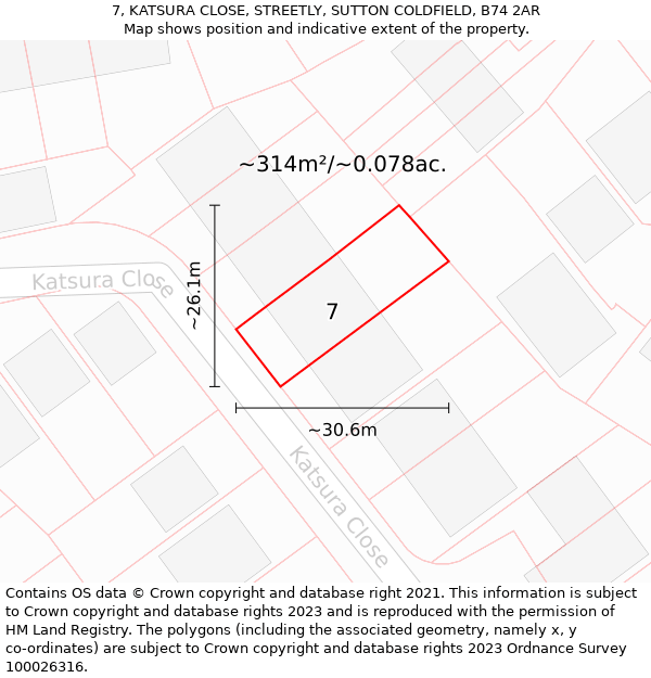 7, KATSURA CLOSE, STREETLY, SUTTON COLDFIELD, B74 2AR: Plot and title map