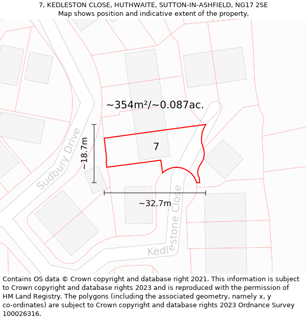 7, KEDLESTON CLOSE, HUTHWAITE, SUTTON-IN-ASHFIELD, NG17 2SE: Plot and title map