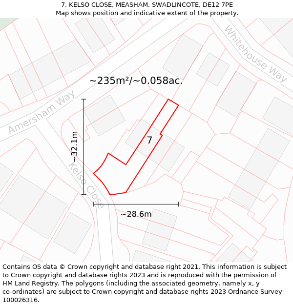 7, KELSO CLOSE, MEASHAM, SWADLINCOTE, DE12 7PE: Plot and title map