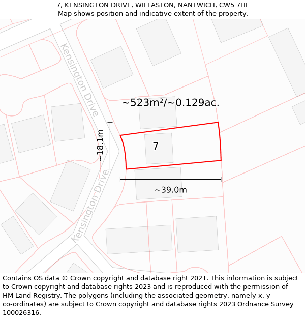 7, KENSINGTON DRIVE, WILLASTON, NANTWICH, CW5 7HL: Plot and title map