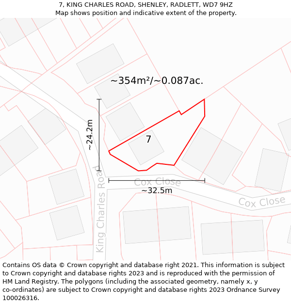 7, KING CHARLES ROAD, SHENLEY, RADLETT, WD7 9HZ: Plot and title map