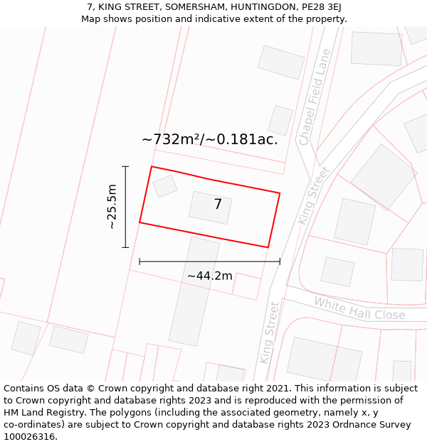 7, KING STREET, SOMERSHAM, HUNTINGDON, PE28 3EJ: Plot and title map