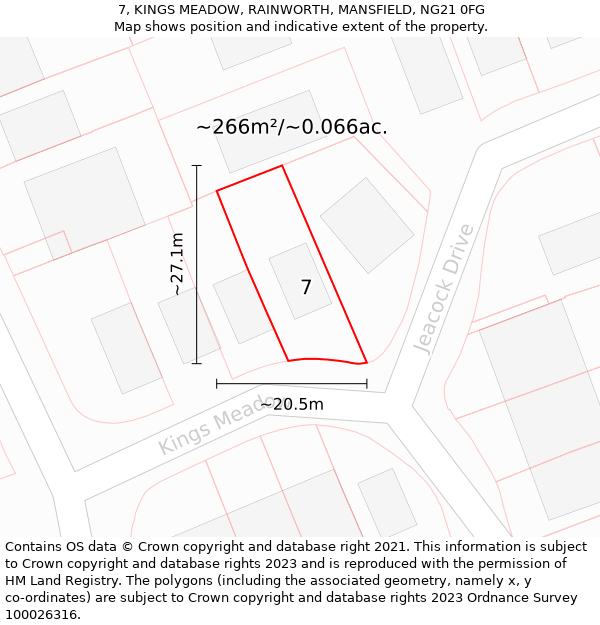 7, KINGS MEADOW, RAINWORTH, MANSFIELD, NG21 0FG: Plot and title map