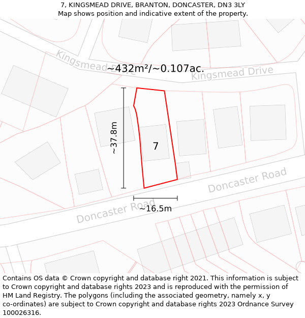 7, KINGSMEAD DRIVE, BRANTON, DONCASTER, DN3 3LY: Plot and title map