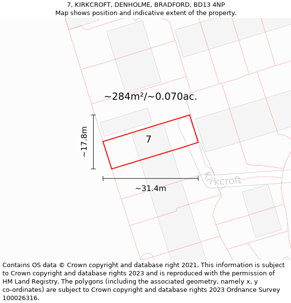7, KIRKCROFT, DENHOLME, BRADFORD, BD13 4NP: Plot and title map