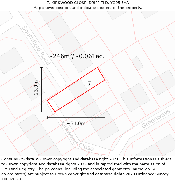 7, KIRKWOOD CLOSE, DRIFFIELD, YO25 5AA: Plot and title map