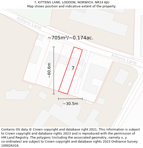 7, KITTENS LANE, LODDON, NORWICH, NR14 6JU: Plot and title map