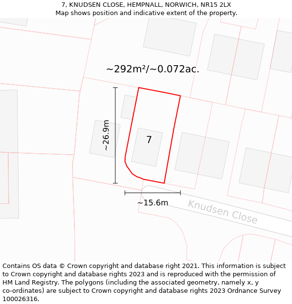 7, KNUDSEN CLOSE, HEMPNALL, NORWICH, NR15 2LX: Plot and title map