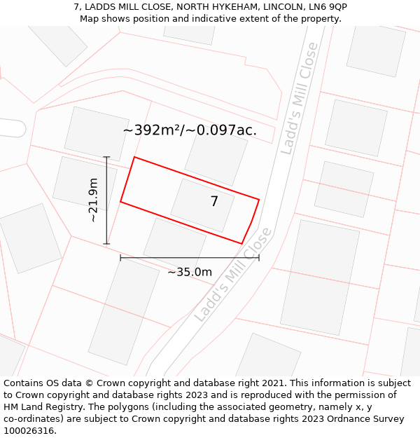 7, LADDS MILL CLOSE, NORTH HYKEHAM, LINCOLN, LN6 9QP: Plot and title map