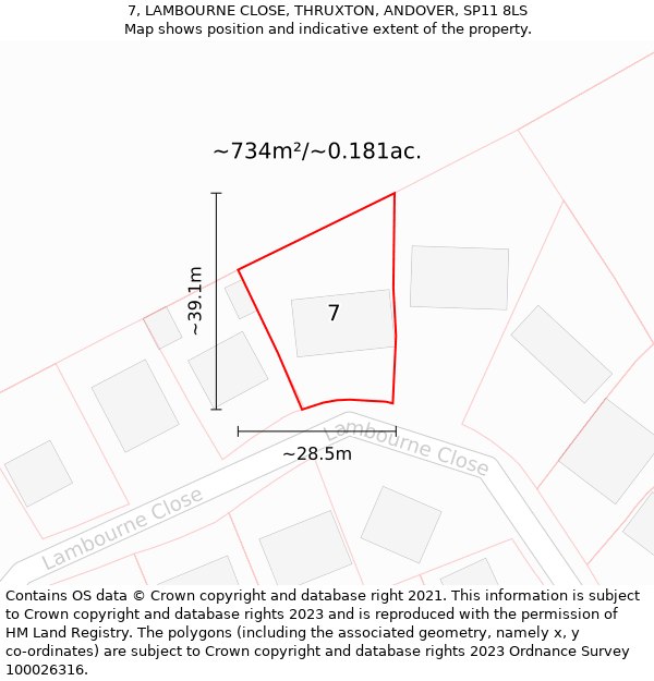 7, LAMBOURNE CLOSE, THRUXTON, ANDOVER, SP11 8LS: Plot and title map