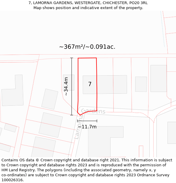 7, LAMORNA GARDENS, WESTERGATE, CHICHESTER, PO20 3RL: Plot and title map