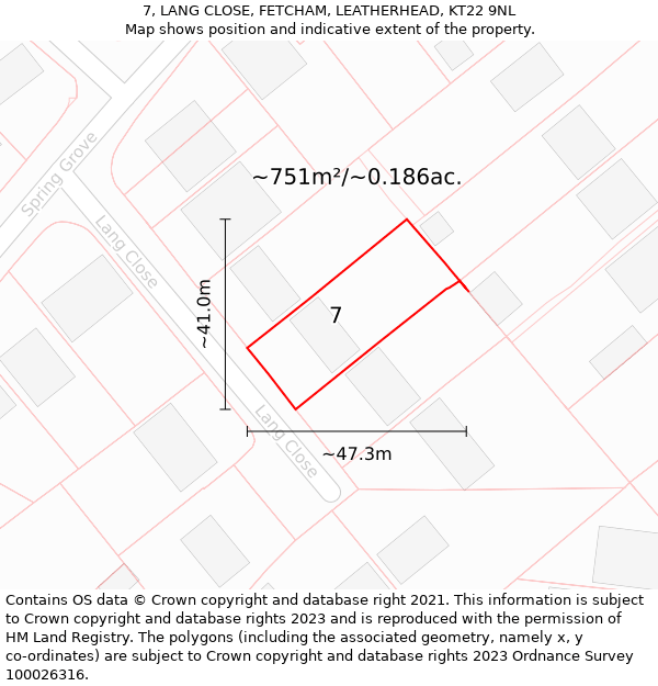 7, LANG CLOSE, FETCHAM, LEATHERHEAD, KT22 9NL: Plot and title map