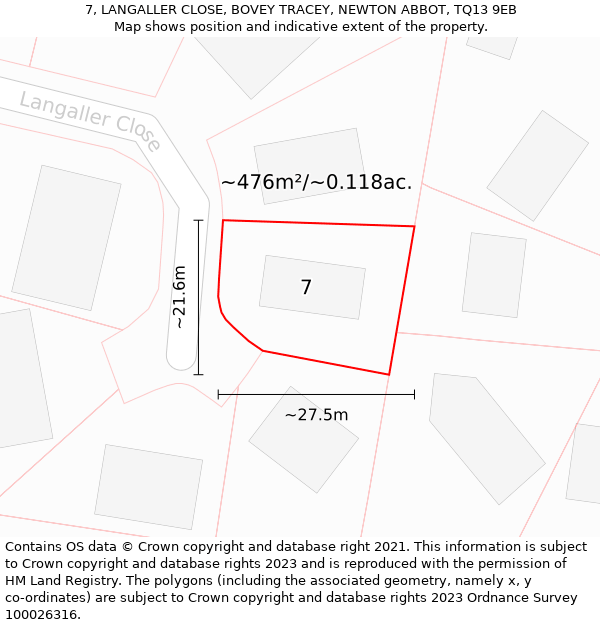 7, LANGALLER CLOSE, BOVEY TRACEY, NEWTON ABBOT, TQ13 9EB: Plot and title map