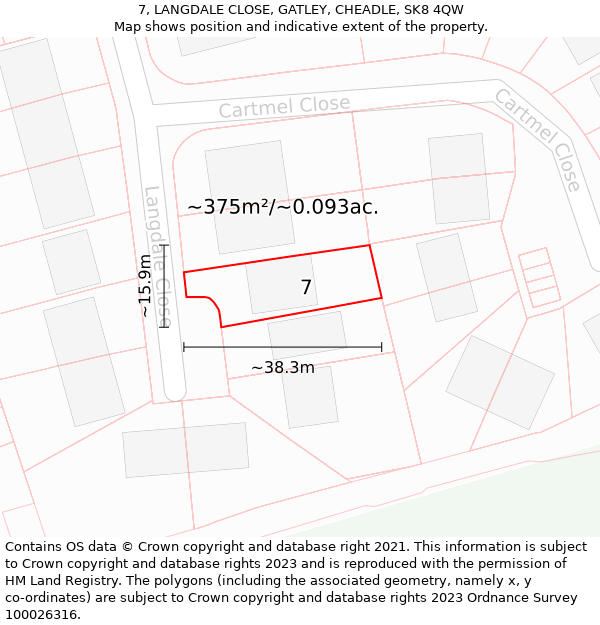 7, LANGDALE CLOSE, GATLEY, CHEADLE, SK8 4QW: Plot and title map