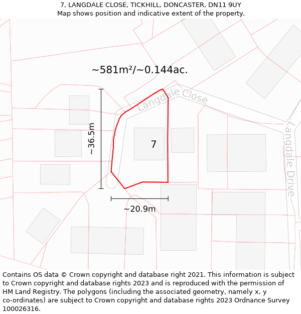 7, LANGDALE CLOSE, TICKHILL, DONCASTER, DN11 9UY: Plot and title map