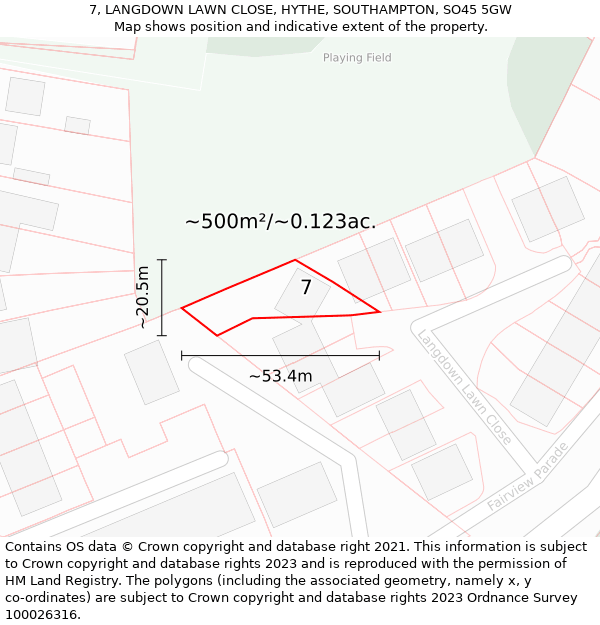 7, LANGDOWN LAWN CLOSE, HYTHE, SOUTHAMPTON, SO45 5GW: Plot and title map