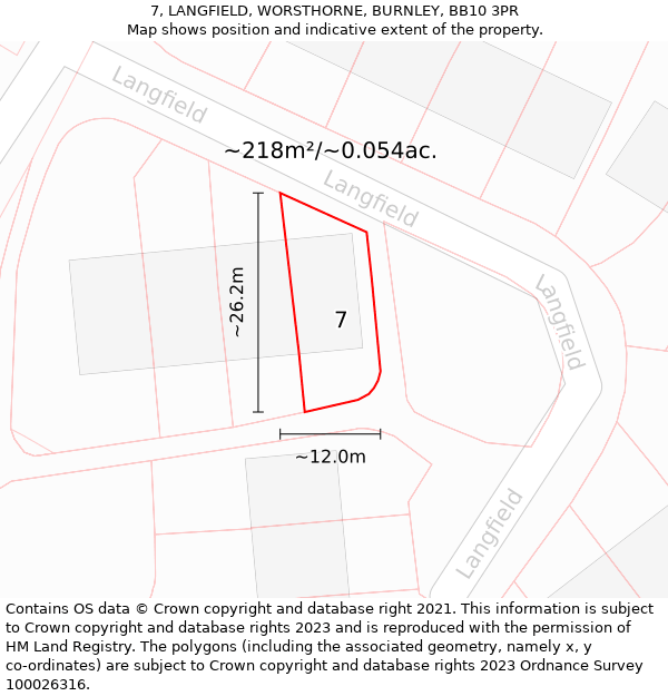 7, LANGFIELD, WORSTHORNE, BURNLEY, BB10 3PR: Plot and title map