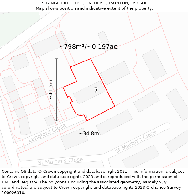 7, LANGFORD CLOSE, FIVEHEAD, TAUNTON, TA3 6QE: Plot and title map