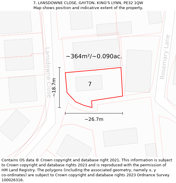 7, LANSDOWNE CLOSE, GAYTON, KING'S LYNN, PE32 1QW: Plot and title map