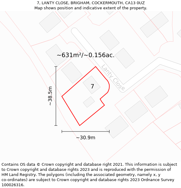 7, LANTY CLOSE, BRIGHAM, COCKERMOUTH, CA13 0UZ: Plot and title map