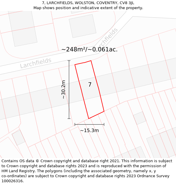 7, LARCHFIELDS, WOLSTON, COVENTRY, CV8 3JL: Plot and title map