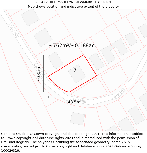 7, LARK HILL, MOULTON, NEWMARKET, CB8 8RT: Plot and title map