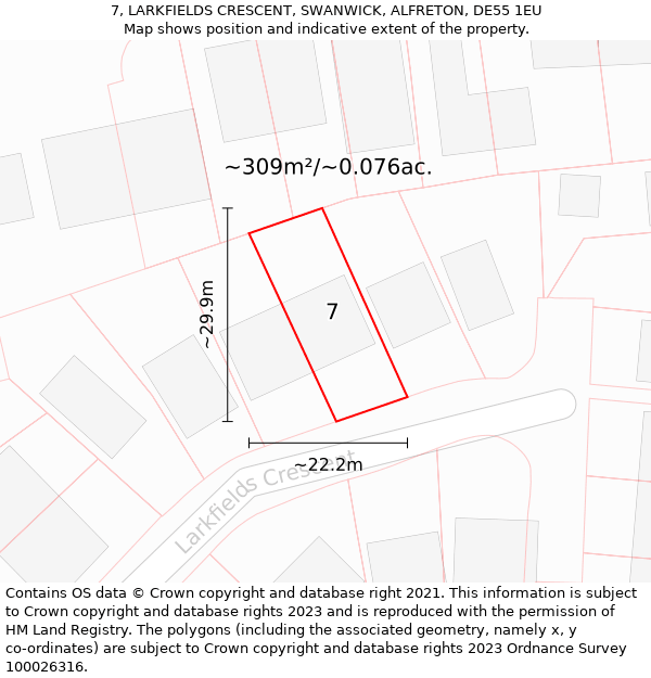 7, LARKFIELDS CRESCENT, SWANWICK, ALFRETON, DE55 1EU: Plot and title map