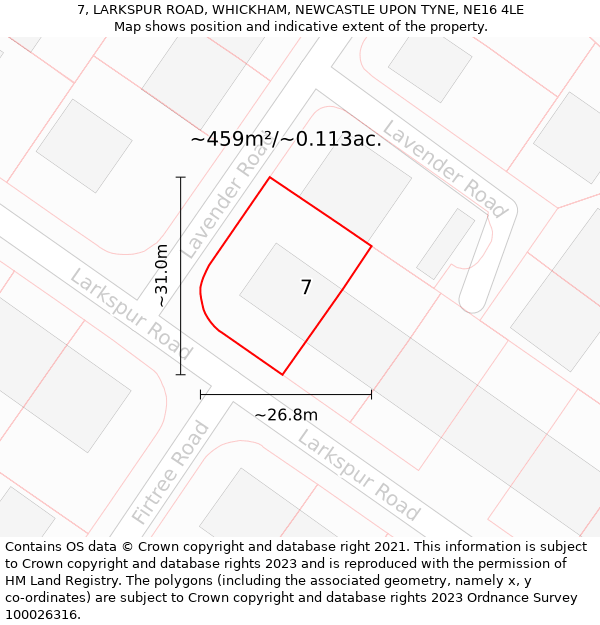 7, LARKSPUR ROAD, WHICKHAM, NEWCASTLE UPON TYNE, NE16 4LE: Plot and title map