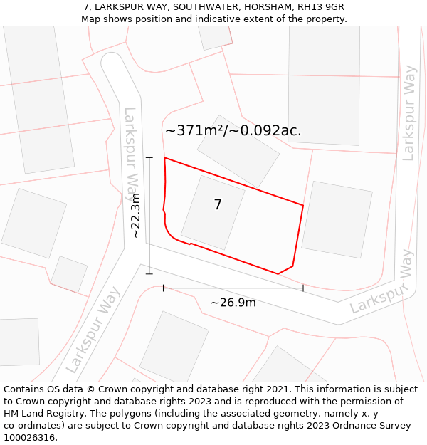 7, LARKSPUR WAY, SOUTHWATER, HORSHAM, RH13 9GR: Plot and title map