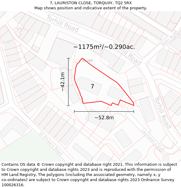 7, LAURISTON CLOSE, TORQUAY, TQ2 5RX: Plot and title map