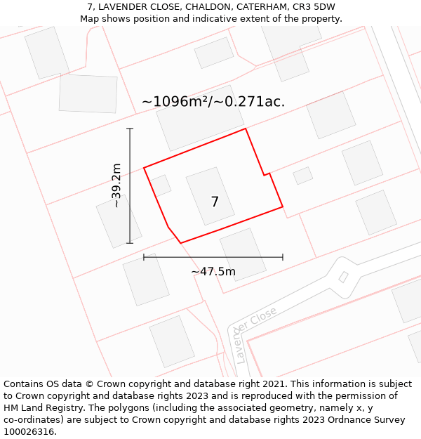 7, LAVENDER CLOSE, CHALDON, CATERHAM, CR3 5DW: Plot and title map