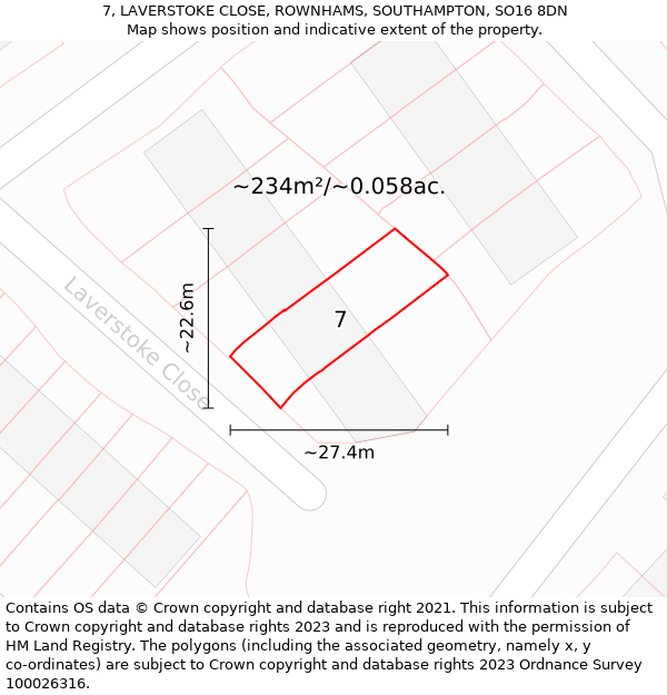 7, LAVERSTOKE CLOSE, ROWNHAMS, SOUTHAMPTON, SO16 8DN: Plot and title map