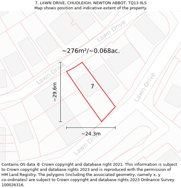 7, LAWN DRIVE, CHUDLEIGH, NEWTON ABBOT, TQ13 0LS: Plot and title map