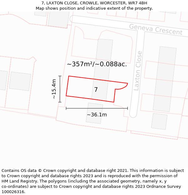 7, LAXTON CLOSE, CROWLE, WORCESTER, WR7 4BH: Plot and title map