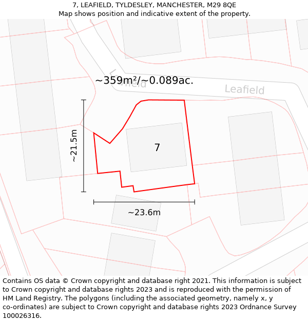 7, LEAFIELD, TYLDESLEY, MANCHESTER, M29 8QE: Plot and title map