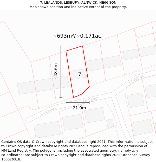 7, LEALANDS, LESBURY, ALNWICK, NE66 3QN: Plot and title map