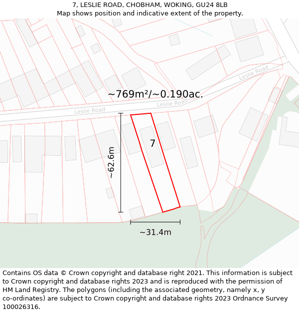 7, LESLIE ROAD, CHOBHAM, WOKING, GU24 8LB: Plot and title map