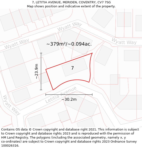 7, LETITIA AVENUE, MERIDEN, COVENTRY, CV7 7SG: Plot and title map