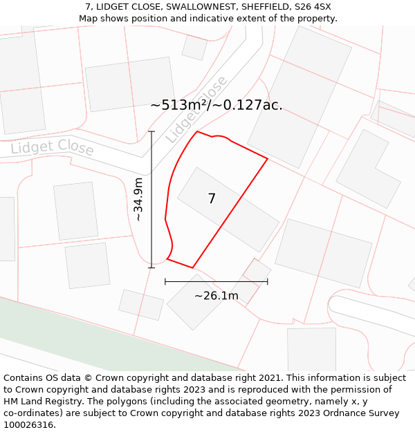 7, LIDGET CLOSE, SWALLOWNEST, SHEFFIELD, S26 4SX: Plot and title map