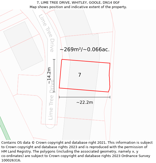 7, LIME TREE DRIVE, WHITLEY, GOOLE, DN14 0GF: Plot and title map