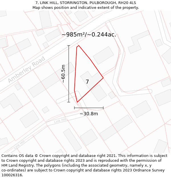 7, LINK HILL, STORRINGTON, PULBOROUGH, RH20 4LS: Plot and title map