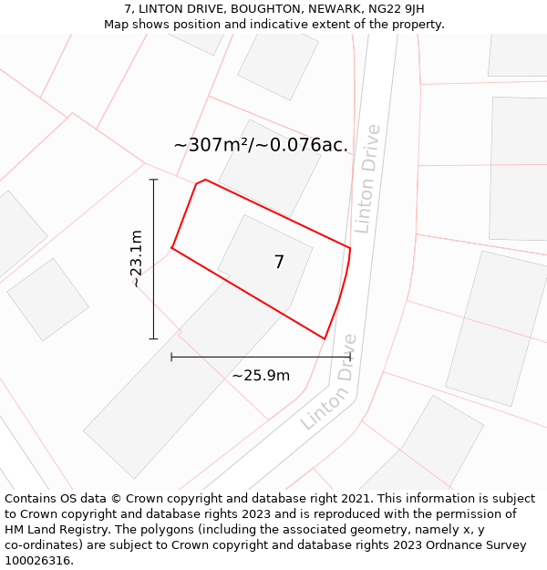 7, LINTON DRIVE, BOUGHTON, NEWARK, NG22 9JH: Plot and title map