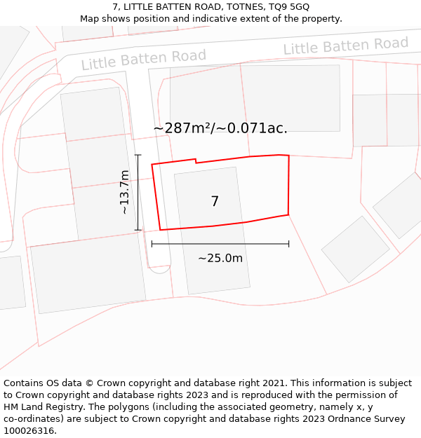 7, LITTLE BATTEN ROAD, TOTNES, TQ9 5GQ: Plot and title map