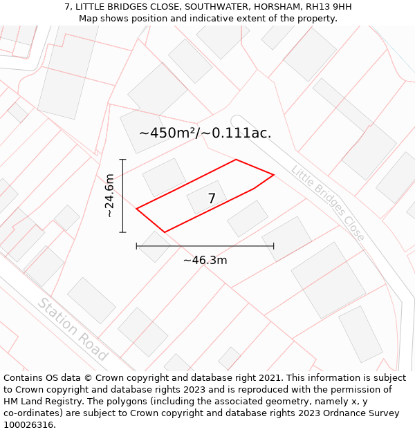 7, LITTLE BRIDGES CLOSE, SOUTHWATER, HORSHAM, RH13 9HH: Plot and title map