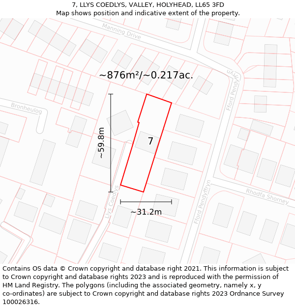 7, LLYS COEDLYS, VALLEY, HOLYHEAD, LL65 3FD: Plot and title map