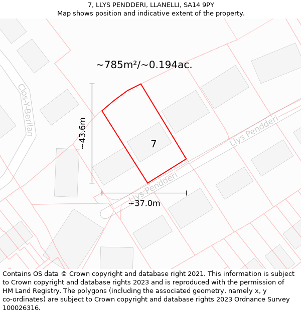 7, LLYS PENDDERI, LLANELLI, SA14 9PY: Plot and title map