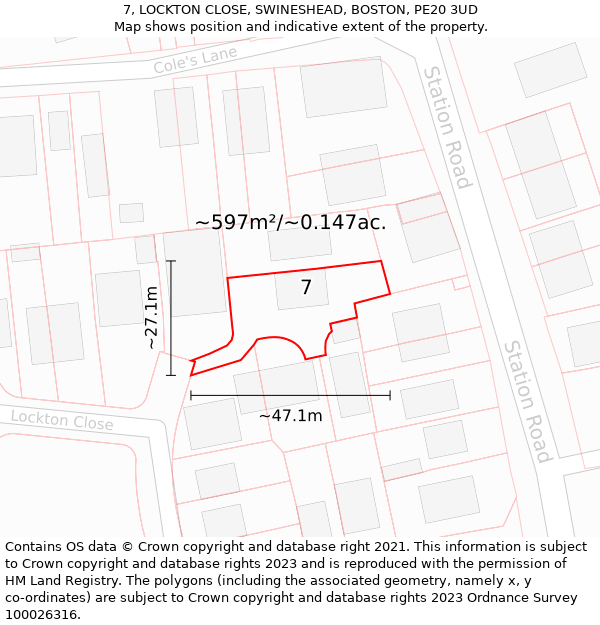 7, LOCKTON CLOSE, SWINESHEAD, BOSTON, PE20 3UD: Plot and title map