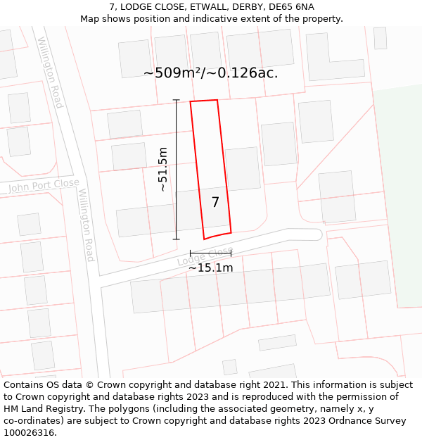 7, LODGE CLOSE, ETWALL, DERBY, DE65 6NA: Plot and title map